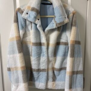Colleen Lopez Plaid Faux Fur Jacket in Ice Blue and White